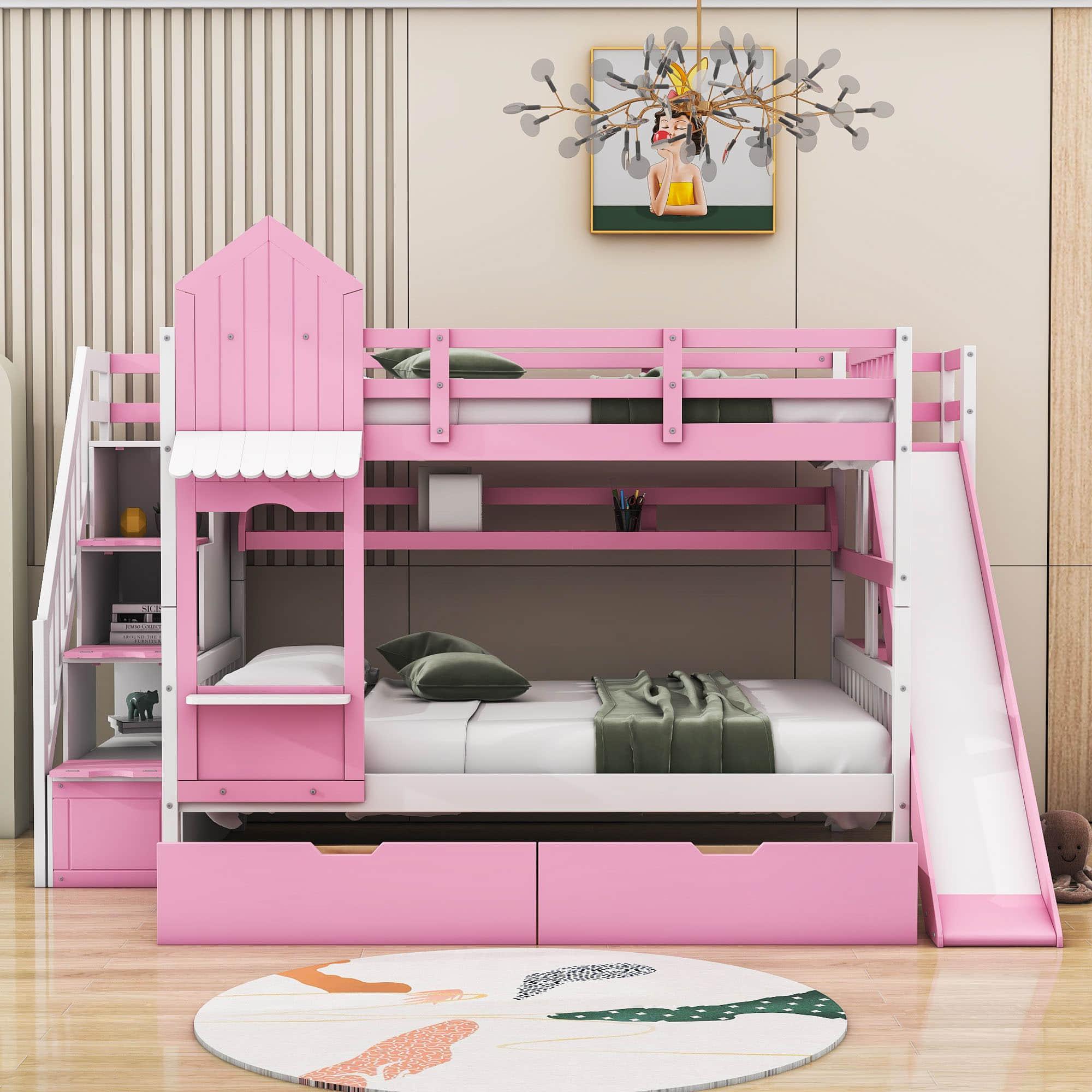 Full Over Full Castle Bunk Beds with Stairs and Slide for Girls, Boys