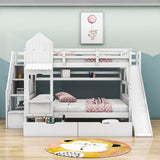 Full Over Full Castle Bunk Beds with Stairs and Slide for Girls, Boys