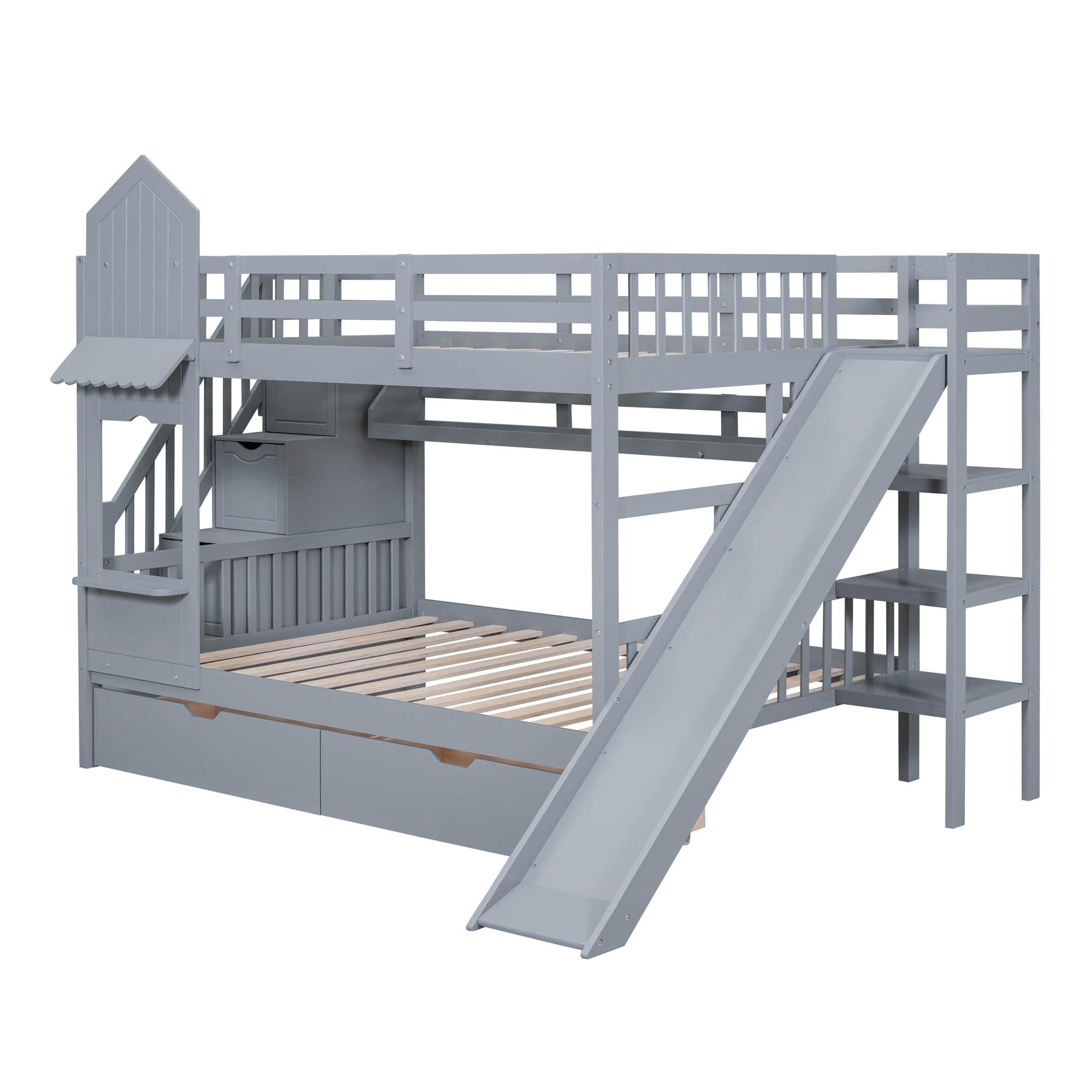 Full Over Full Castle Bunk Beds with Stairs and Slide for Girls, Boys