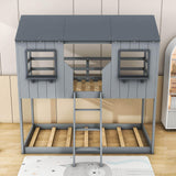 Twin Over Twin House Bunk Beds for Kids Toddler - Wooden, Low, Floor