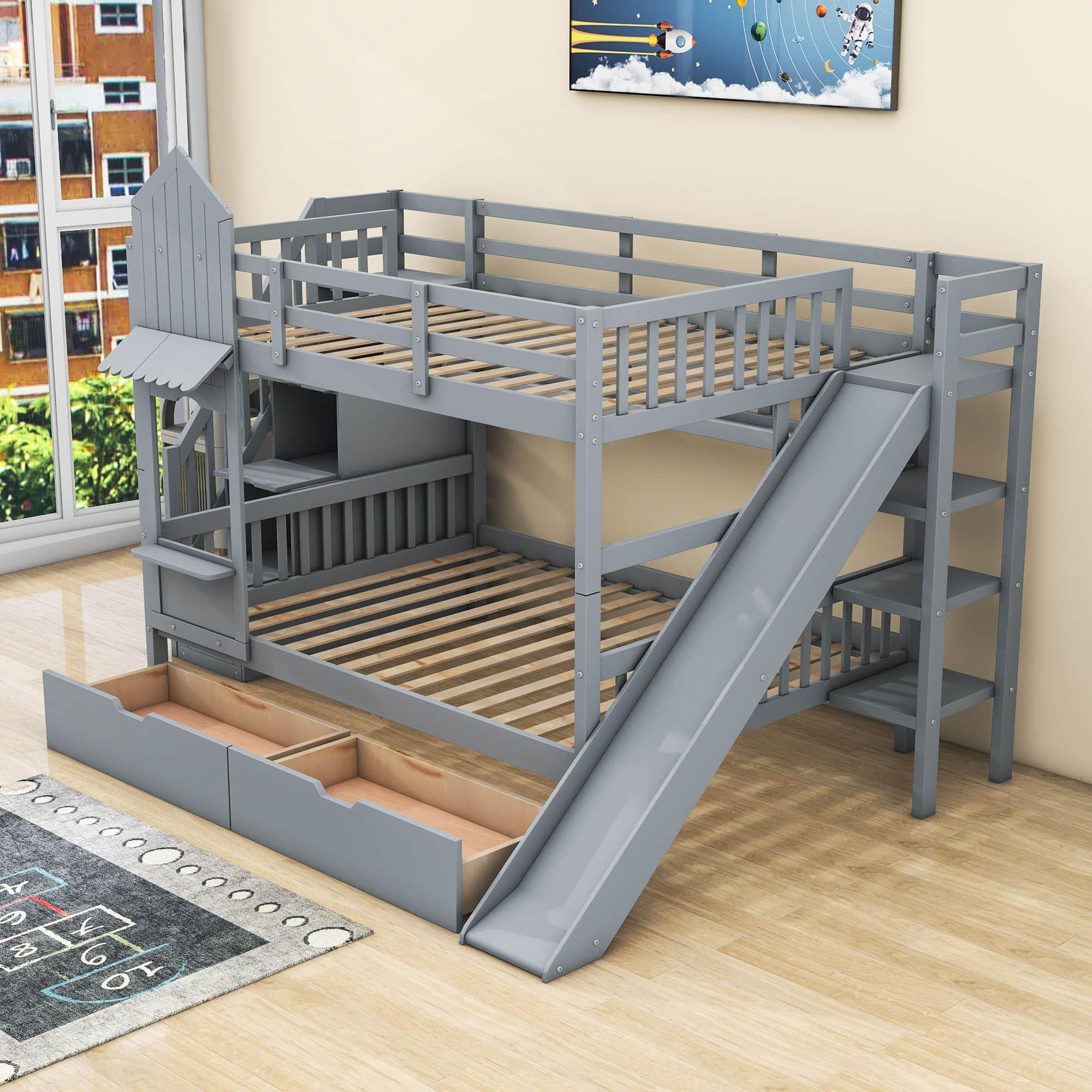 Full Over Full Castle Bunk Beds with Stairs and Slide for Girls, Boys