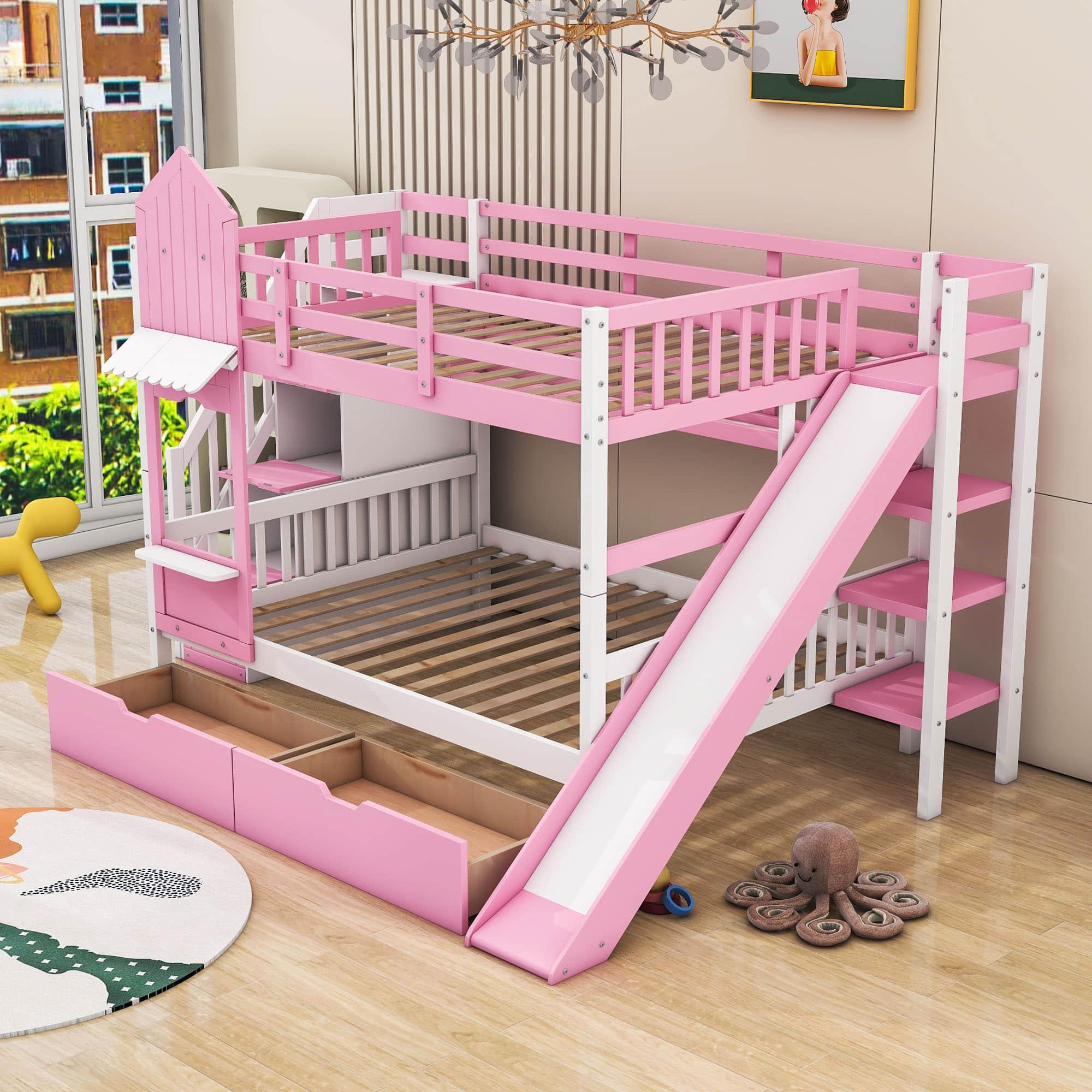 Full Over Full Castle Bunk Beds with Stairs and Slide for Girls, Boys