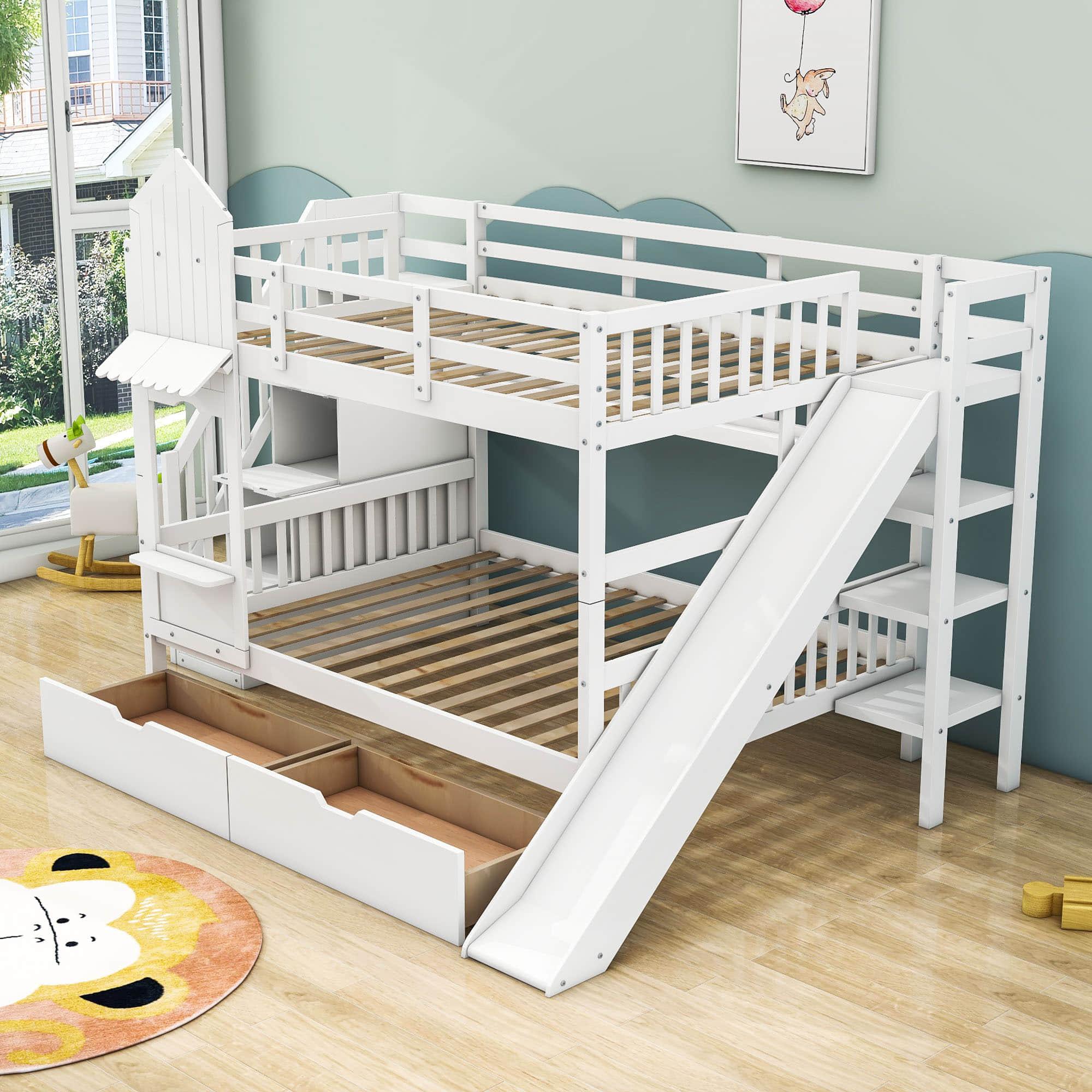 Full Over Full Castle Bunk Beds with Stairs and Slide for Girls, Boys