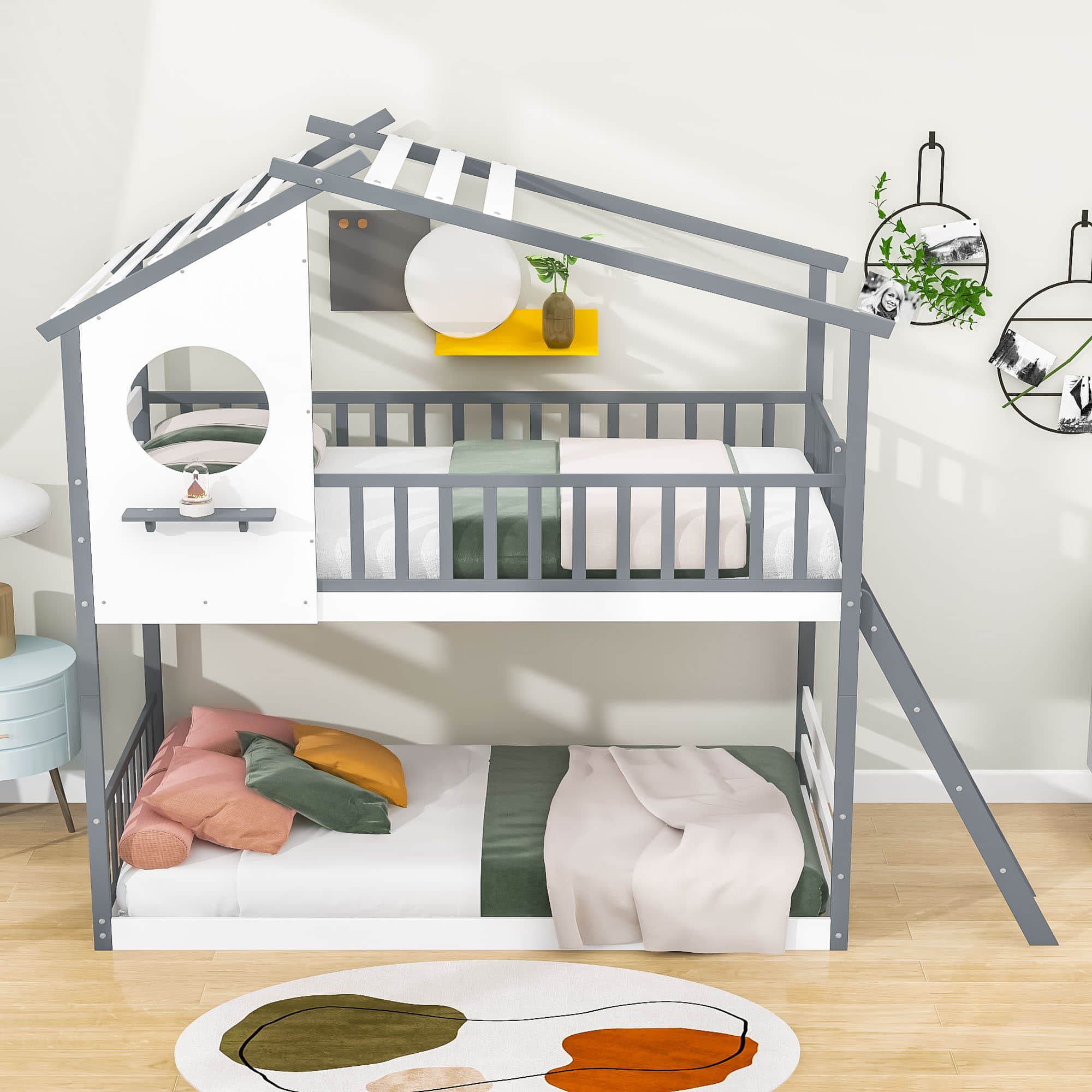 Low to Floor Twin Over Twin House Bunk Beds for Toddler, Kids - [Wood]