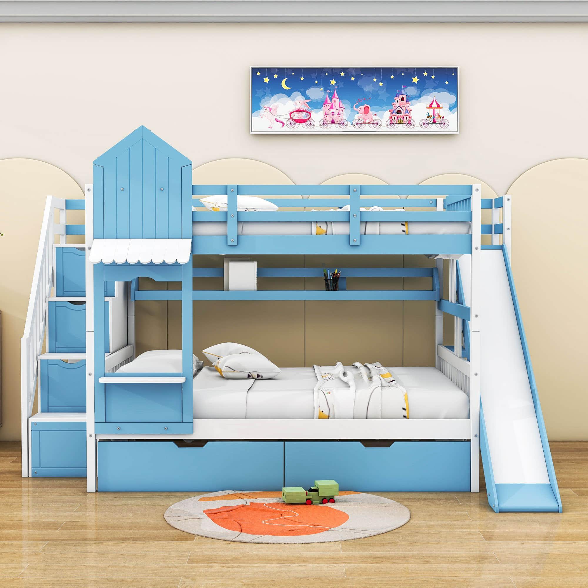 Full Over Full Castle Bunk Beds with Stairs and Slide for Girls, Boys