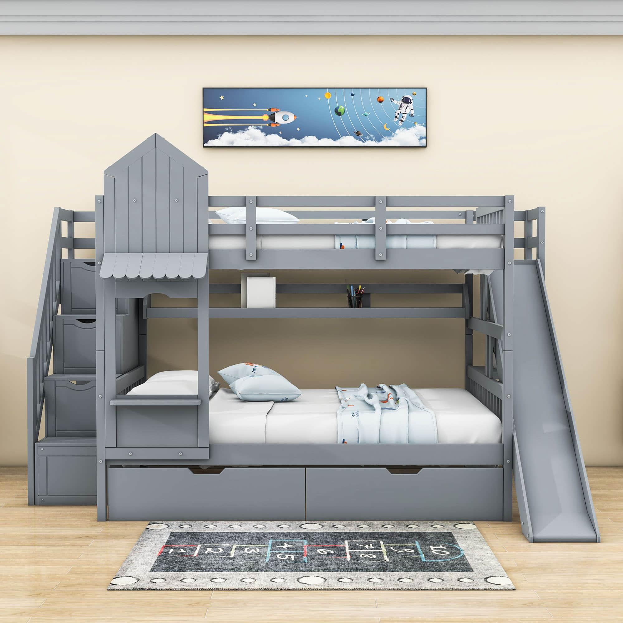 Full Over Full Castle Bunk Beds with Stairs and Slide for Girls, Boys