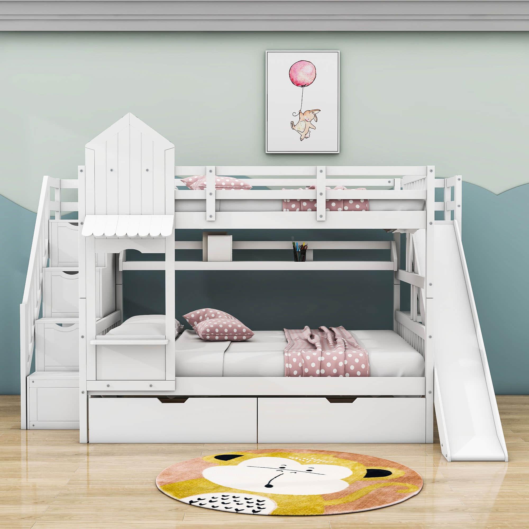 Full Over Full Castle Bunk Beds with Stairs and Slide for Girls, Boys