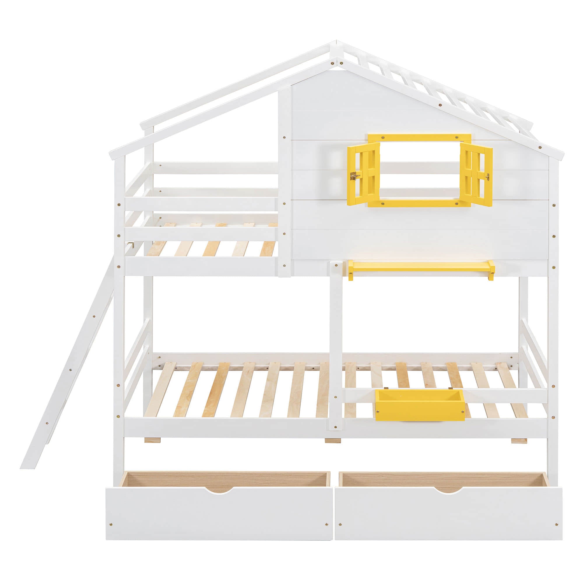 Wood Twin Over Twin Kids House Bunk Beds with Storage - [Drawers, Shelf]