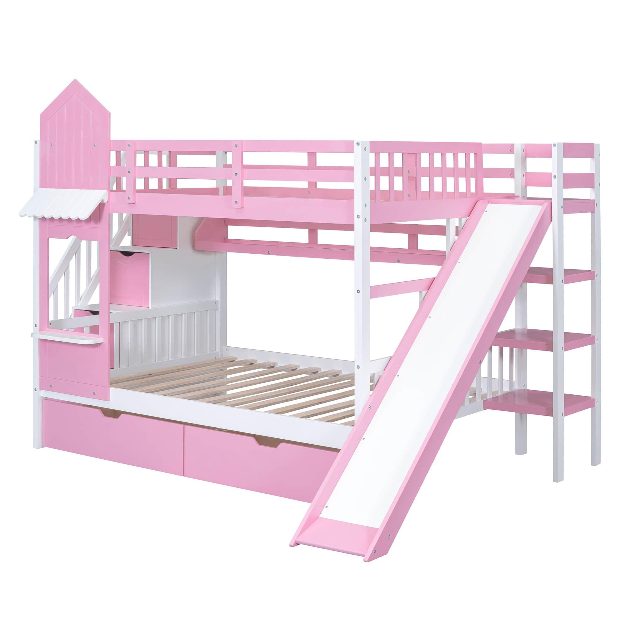 Full Over Full Castle Bunk Beds with Stairs and Slide for Girls, Boys