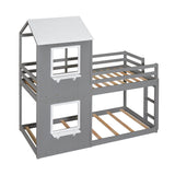 Wooden Twin Over Twin Low Bunk Beds for Kids with Fun Roof and Window