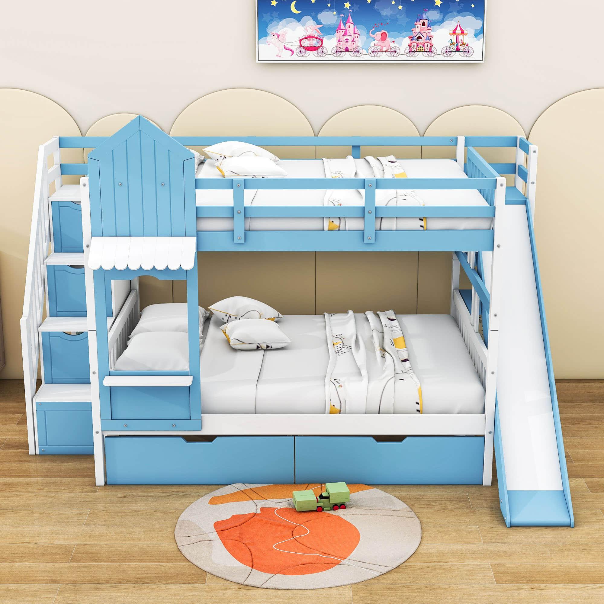 Full Over Full Castle Bunk Beds with Stairs and Slide for Girls, Boys