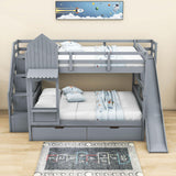 Full Over Full Castle Bunk Beds with Stairs and Slide for Girls, Boys