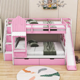 Full Over Full Castle Bunk Beds with Stairs and Slide for Girls, Boys