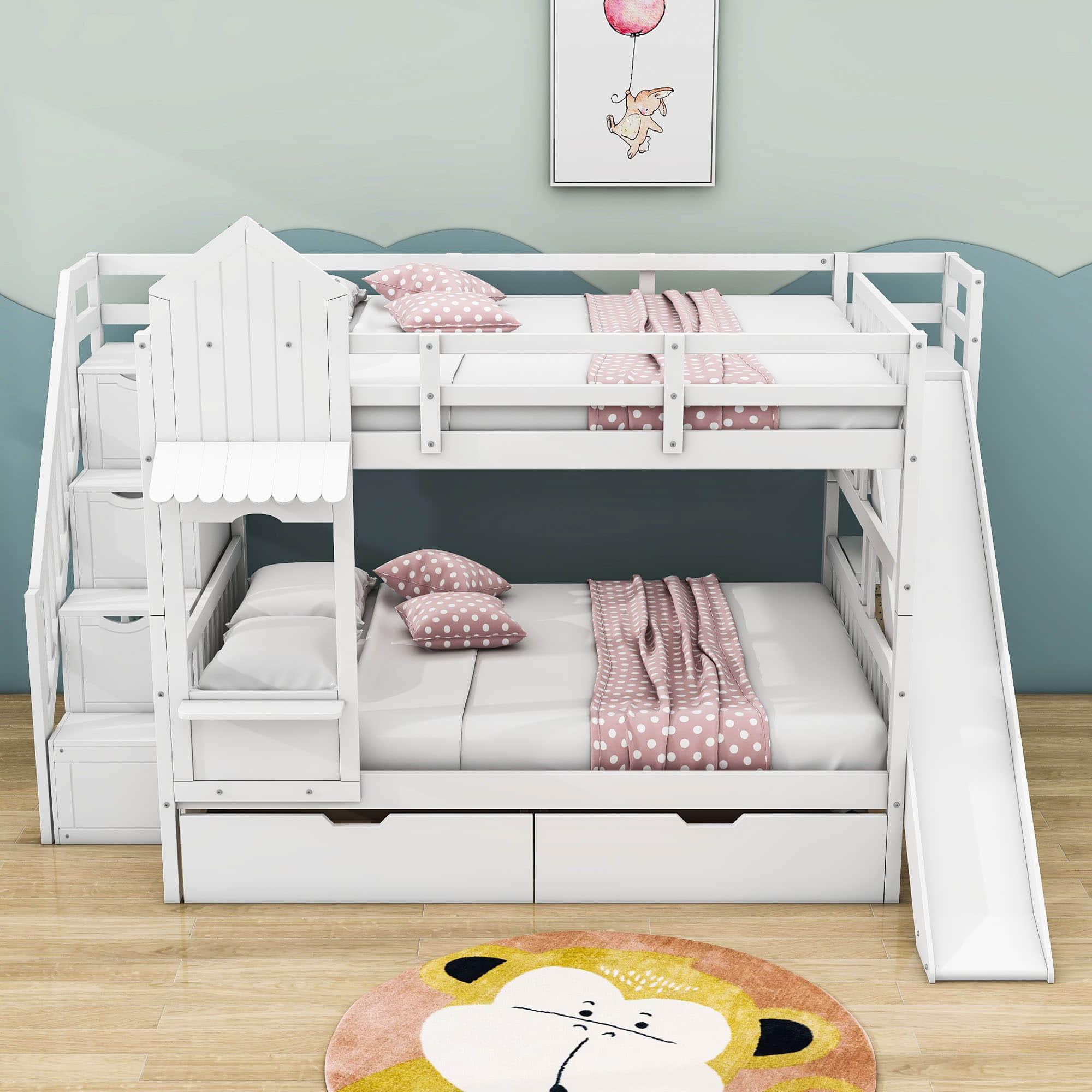 Full Over Full Castle Bunk Beds with Stairs and Slide for Girls, Boys