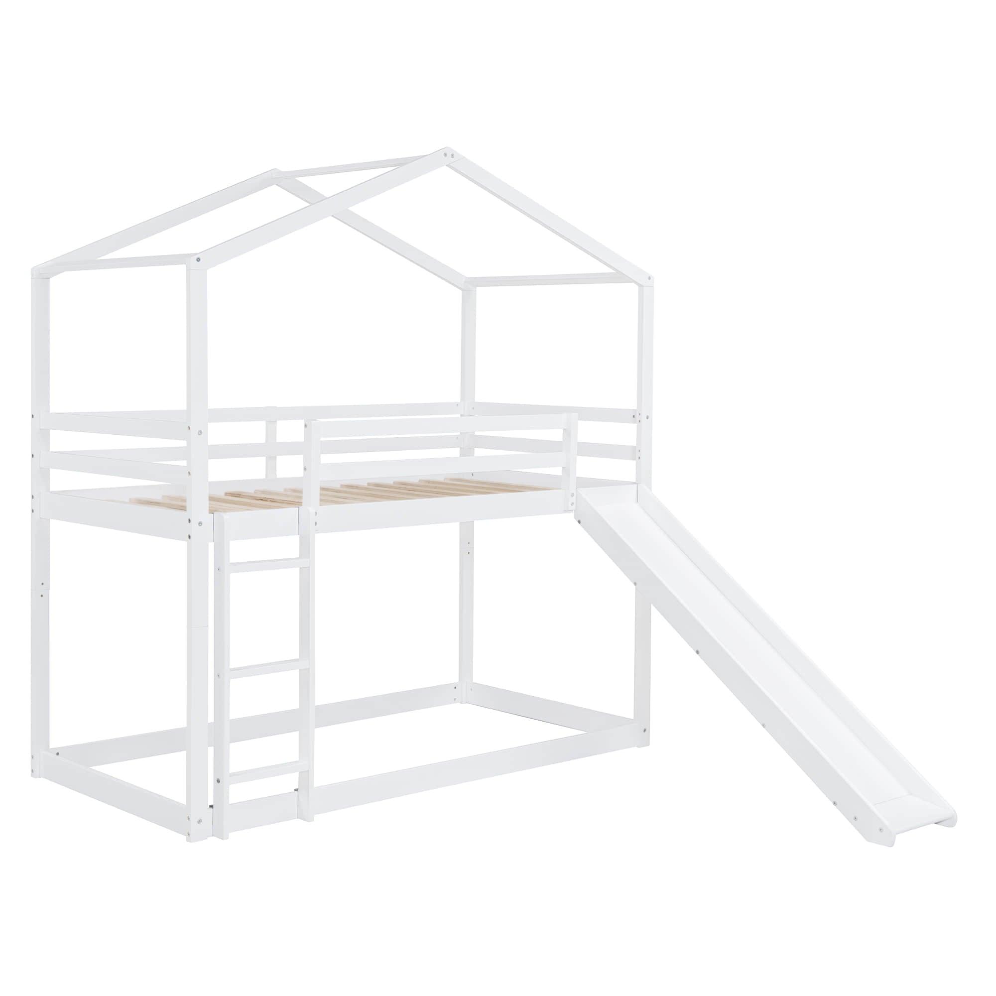 Low Fun Twin Over Twin House Bunk Beds for Kids with Slide - [Floor]