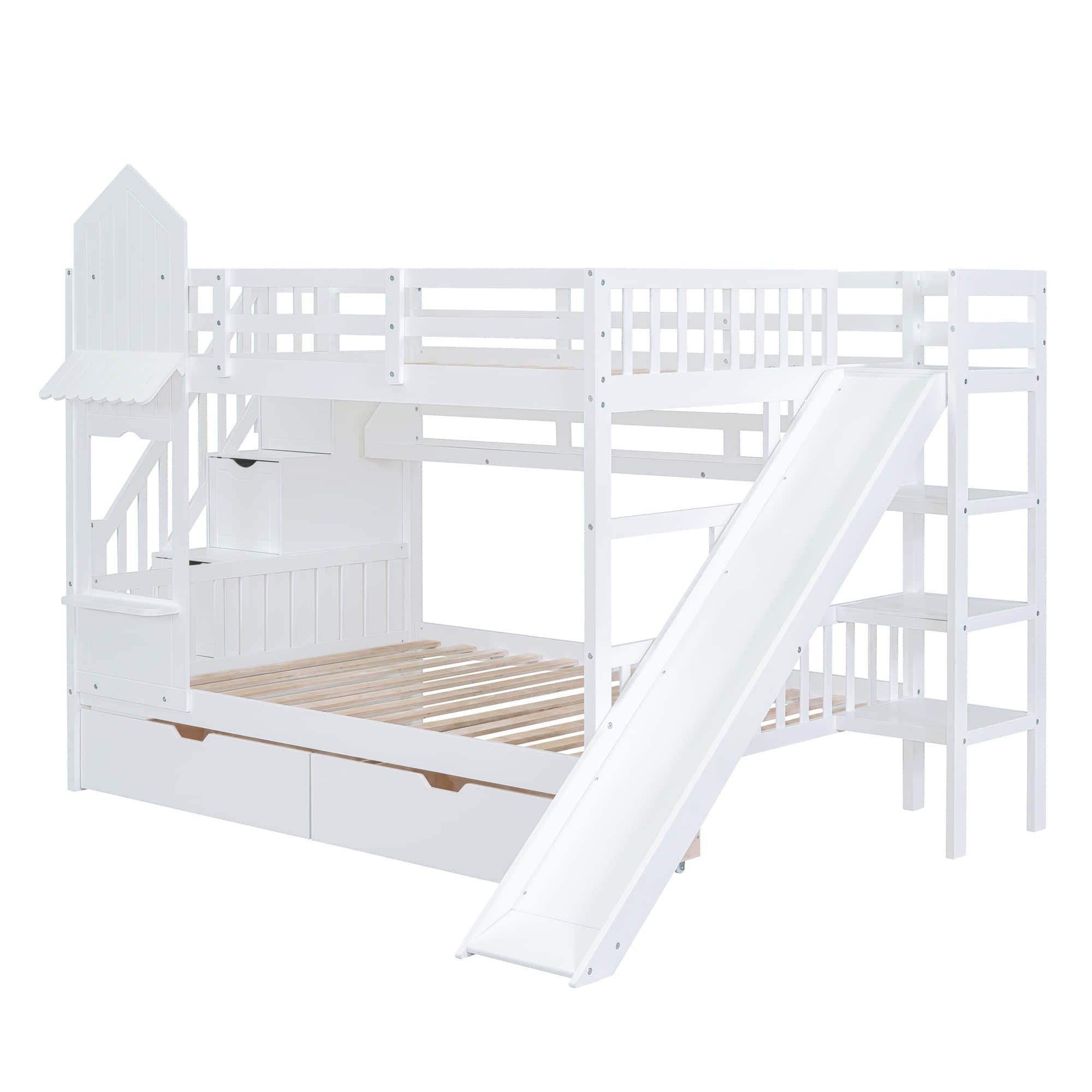 Full Over Full Castle Bunk Beds with Stairs and Slide for Girls, Boys