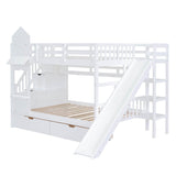 Full Over Full Castle Bunk Beds with Stairs and Slide for Girls, Boys