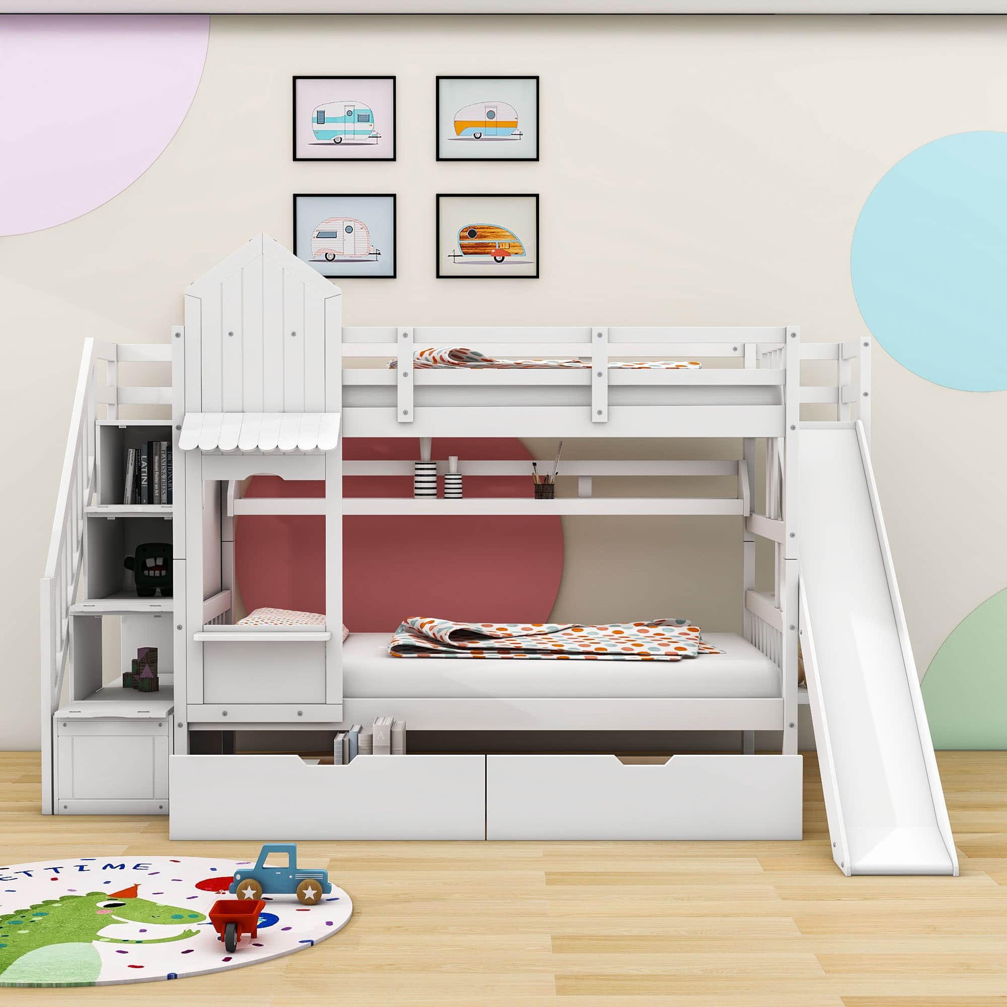 Girls Twin Over Twin Castle Bunk Bed with Slide and Stairs, Storage