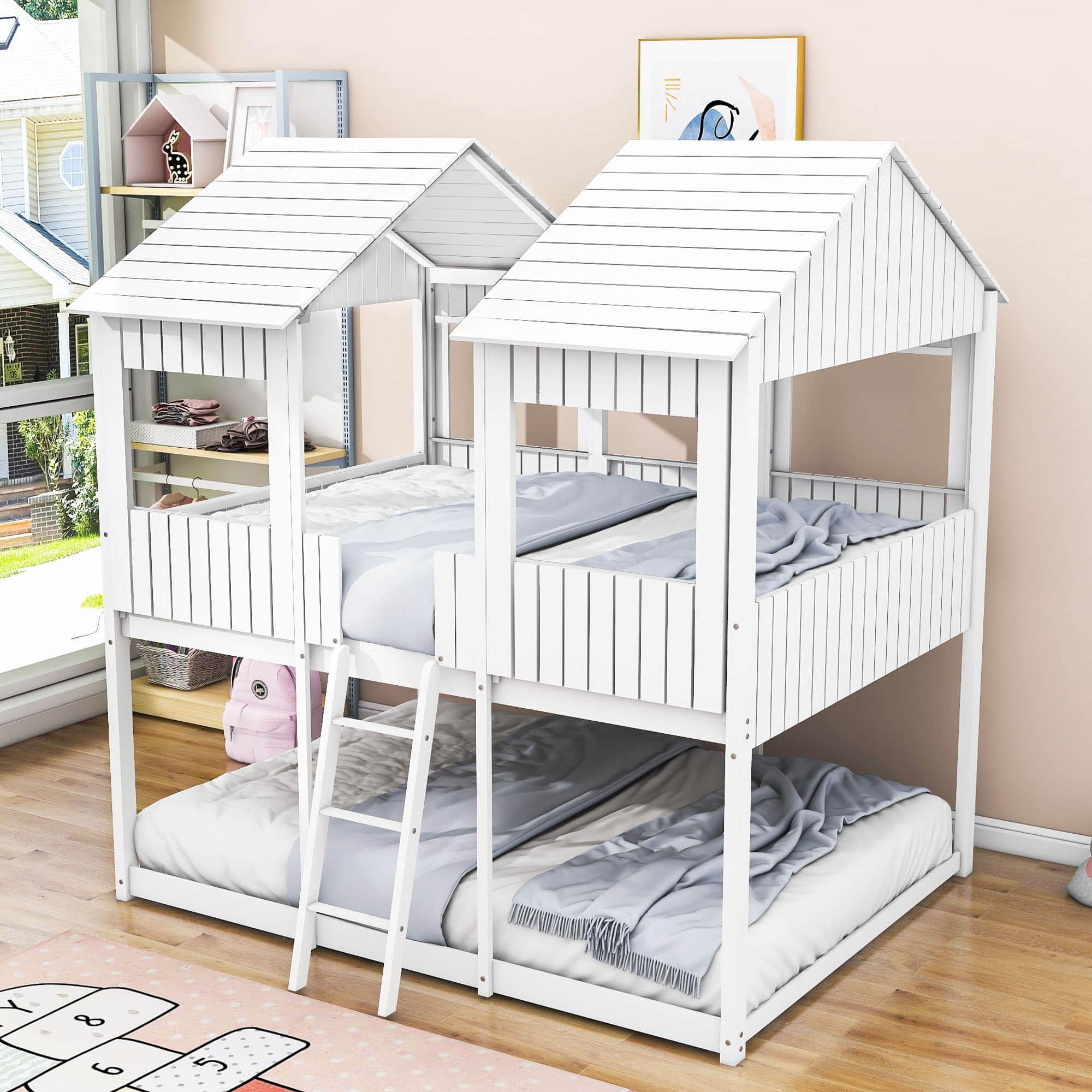 Wooden Full Over Full House Bunk Beds for Kids Toddler - Low, Floor