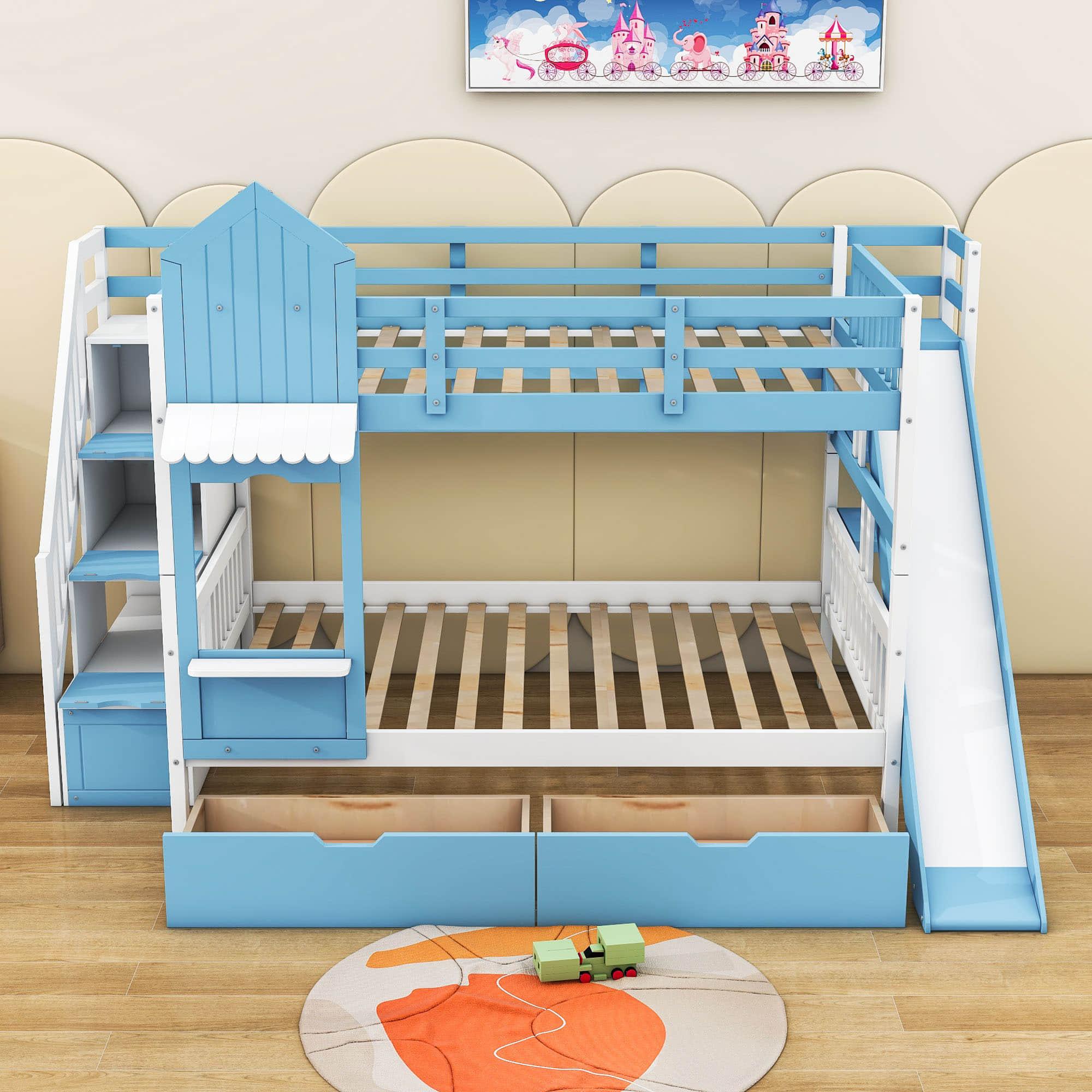 Full Over Full Castle Bunk Beds with Stairs and Slide for Girls, Boys