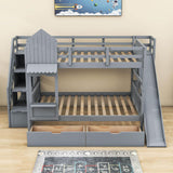 Full Over Full Castle Bunk Beds with Stairs and Slide for Girls, Boys