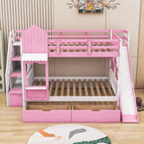 Full Over Full Castle Bunk Beds with Stairs and Slide for Girls, Boys