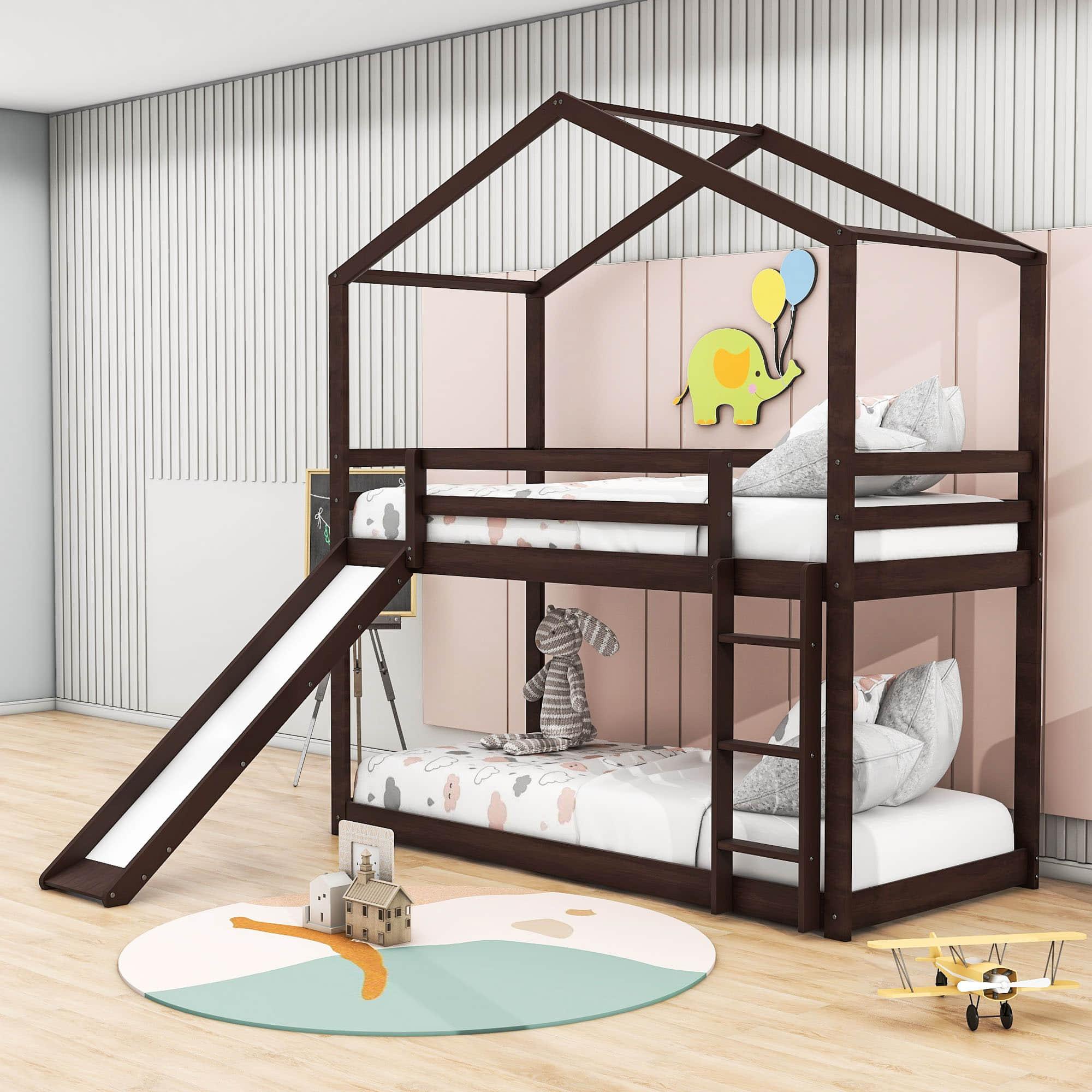 Low Fun Twin Over Twin House Bunk Beds for Kids with Slide - [Floor]