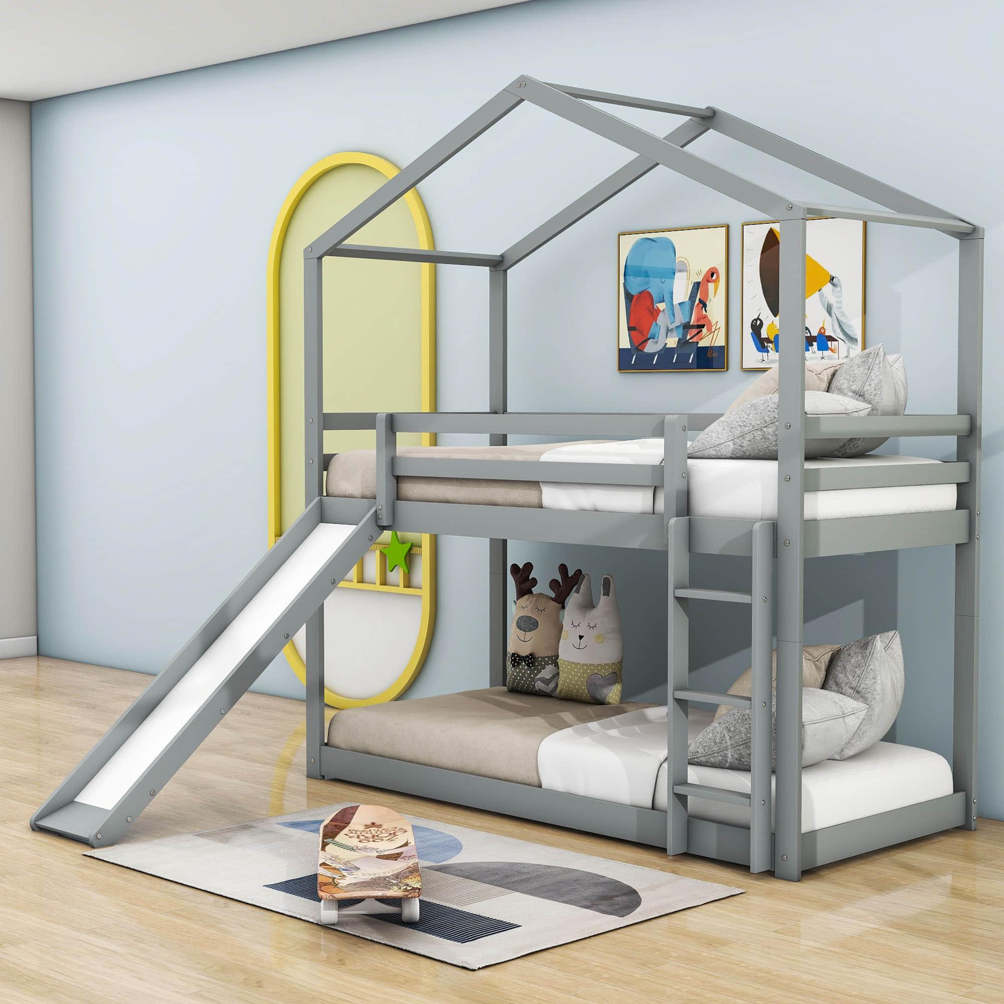 Low Fun Twin Over Twin House Bunk Beds for Kids with Slide - [Floor]