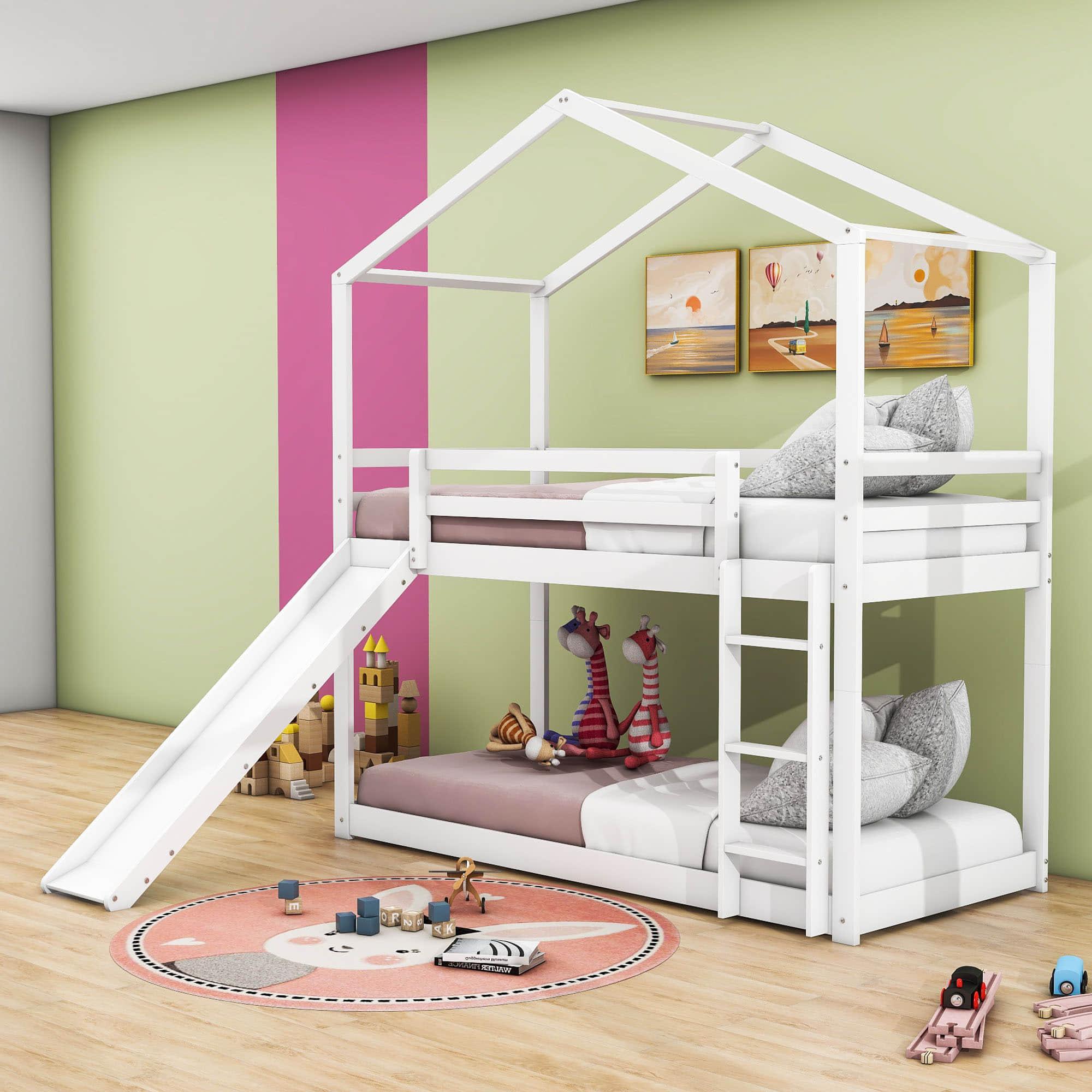 Low Fun Twin Over Twin House Bunk Beds for Kids with Slide - [Floor]