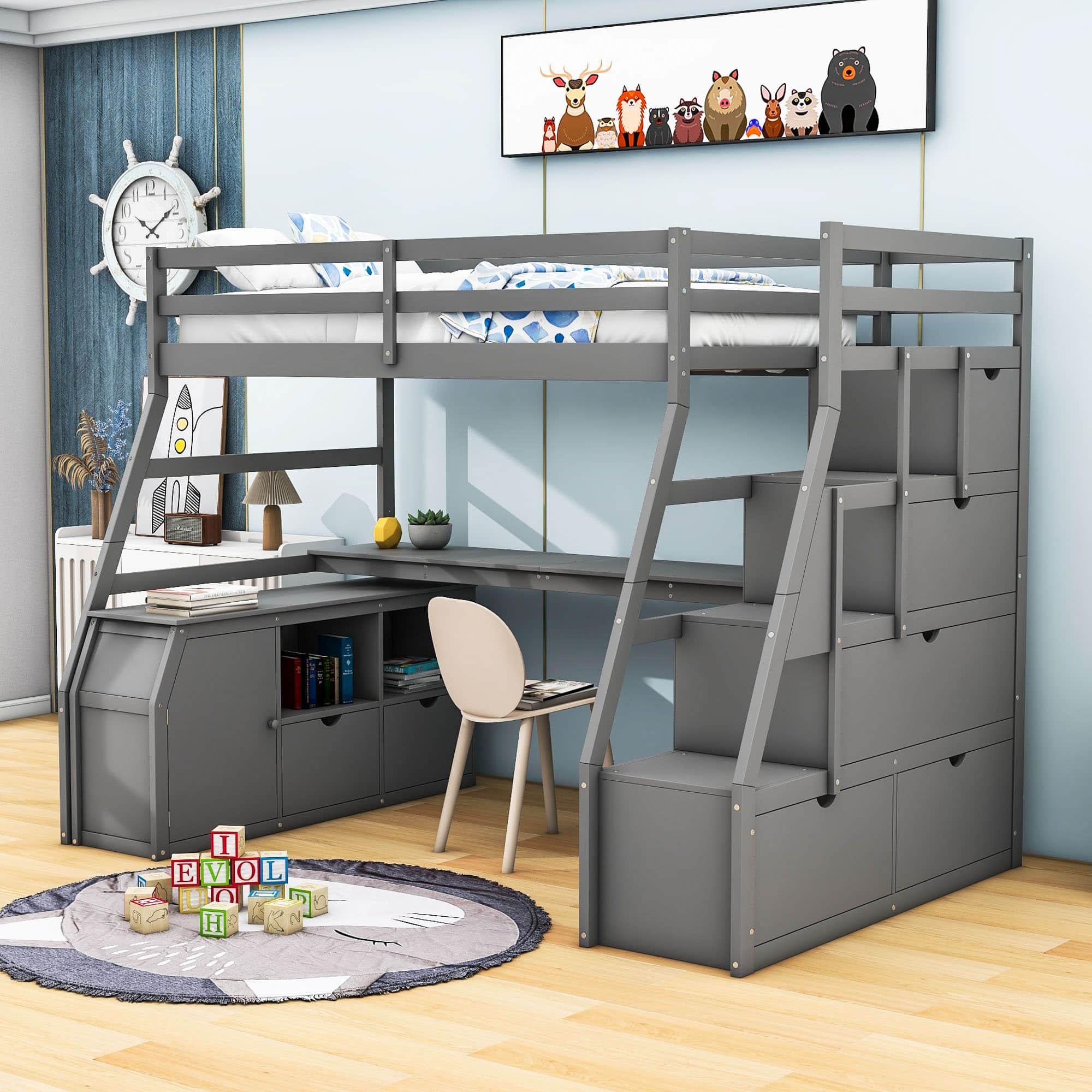 Twin Loft Bed with Desk and Stairs, Storage for Teens, Kids - [Drawers]