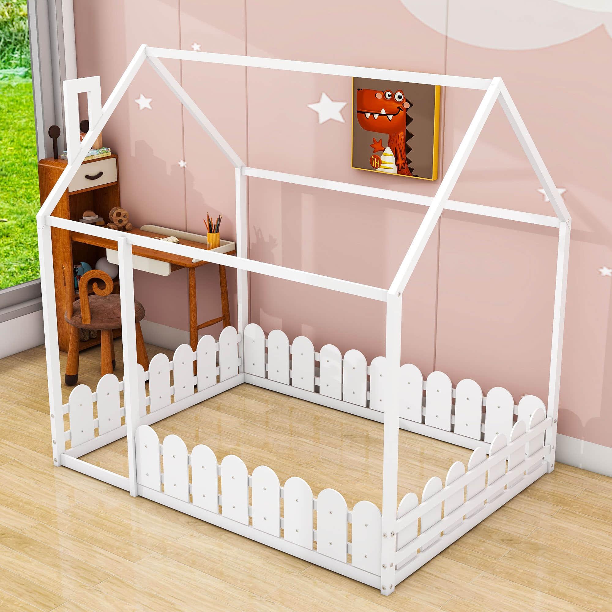 Wooden Full Size House Toddler Floor Bed with Rails for Kids