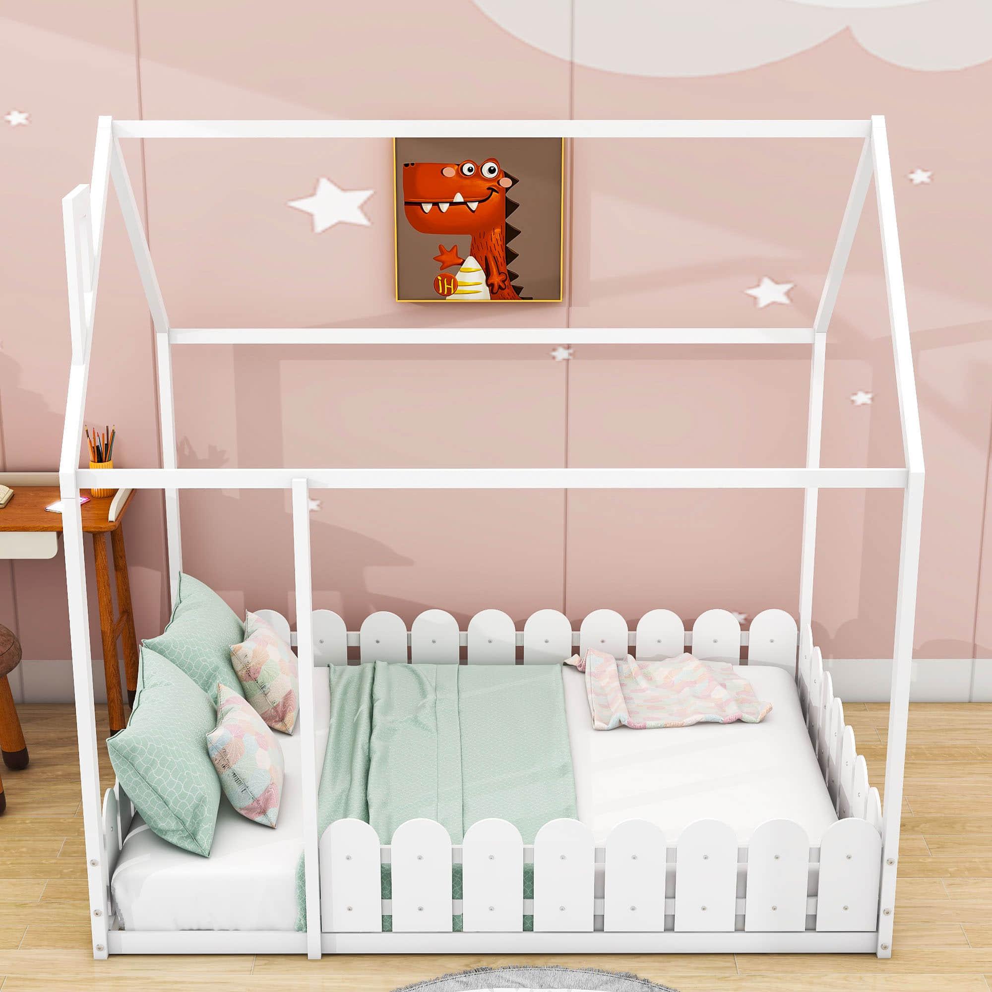 Wooden Full Size House Toddler Floor Bed with Rails for Kids