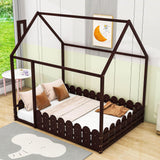 Wooden Full Size House Toddler Floor Bed with Rails for Kids