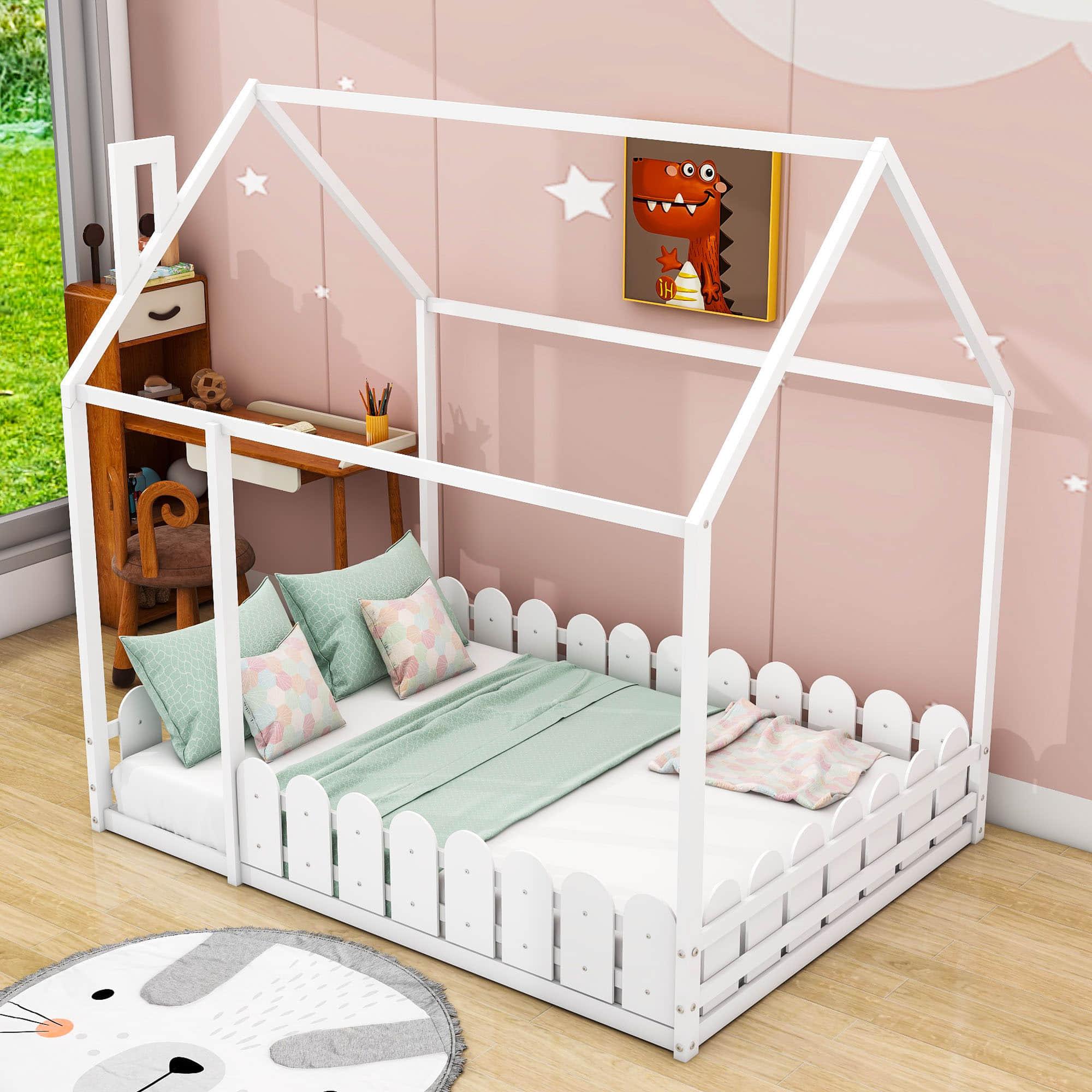 Wooden Full Size House Toddler Floor Bed with Rails for Kids