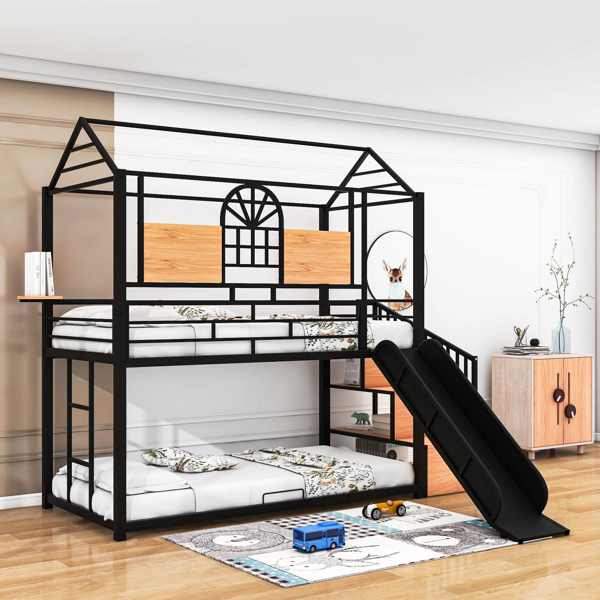 Kids Low Twin Over Twin House Metal Bunk Beds with Stairs and Slide