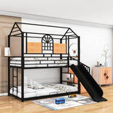 Kids Low Twin Over Twin House Metal Bunk Beds with Stairs and Slide