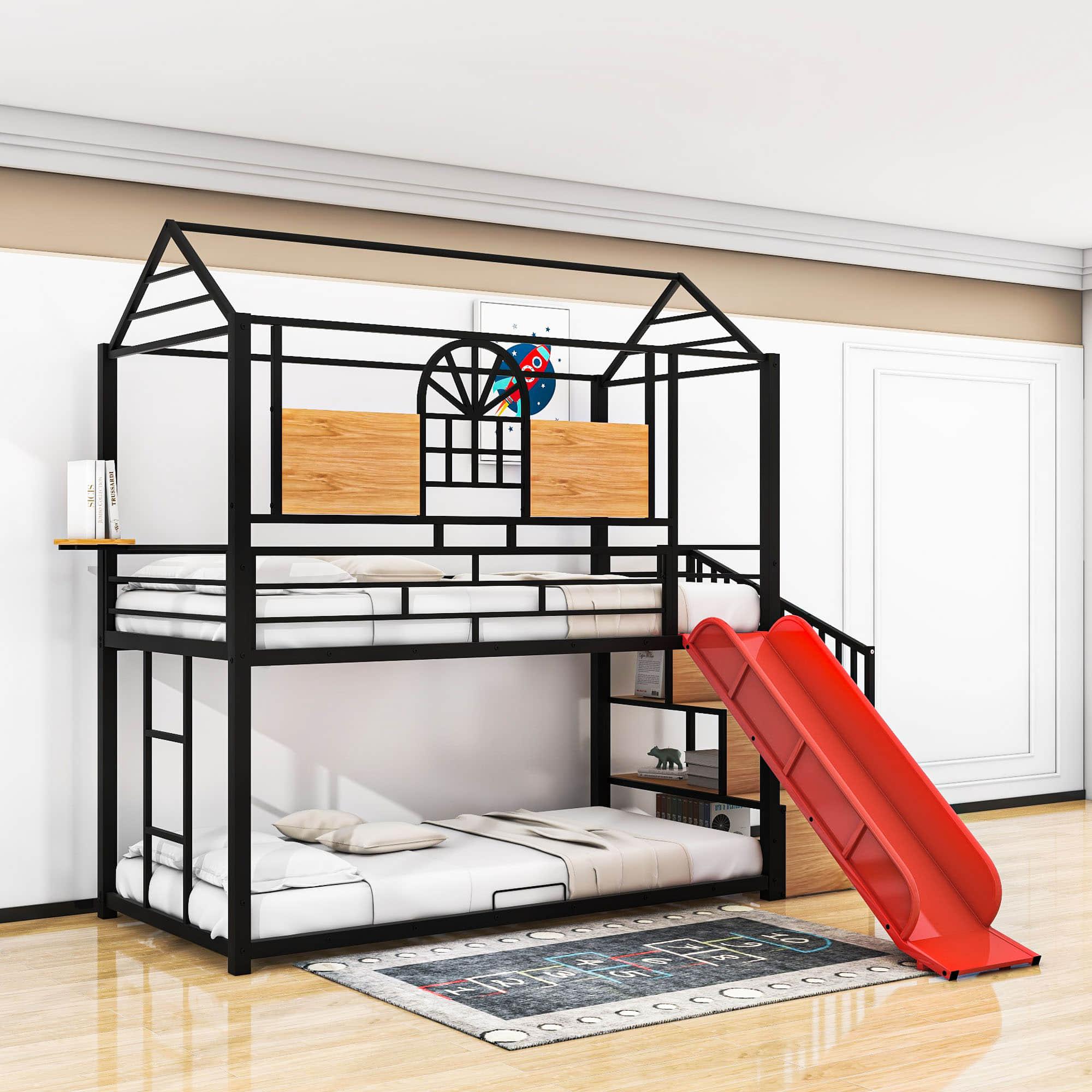 Kids Low Twin Over Twin House Metal Bunk Beds with Stairs and Slide