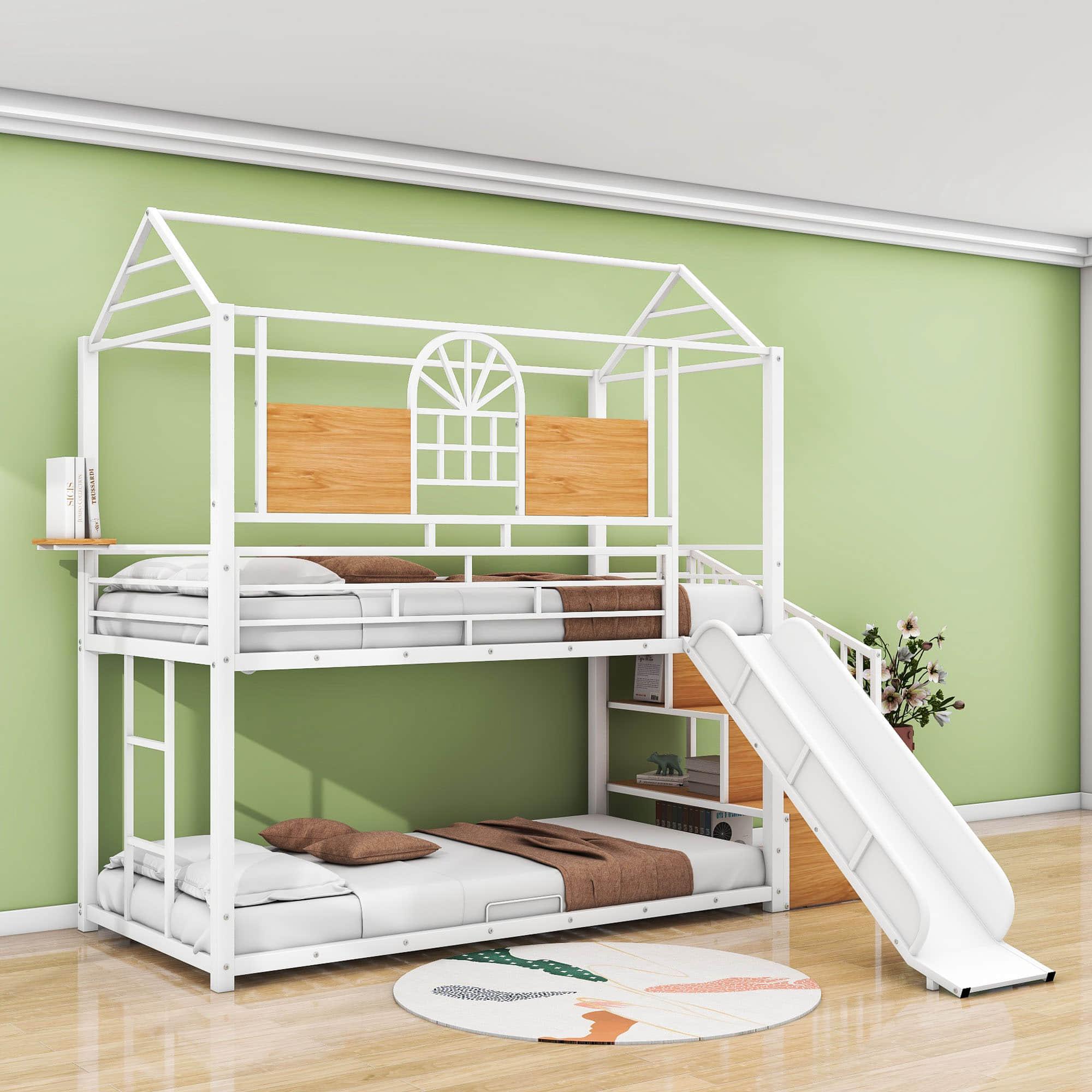 Kids Low Twin Over Twin House Metal Bunk Beds with Stairs and Slide