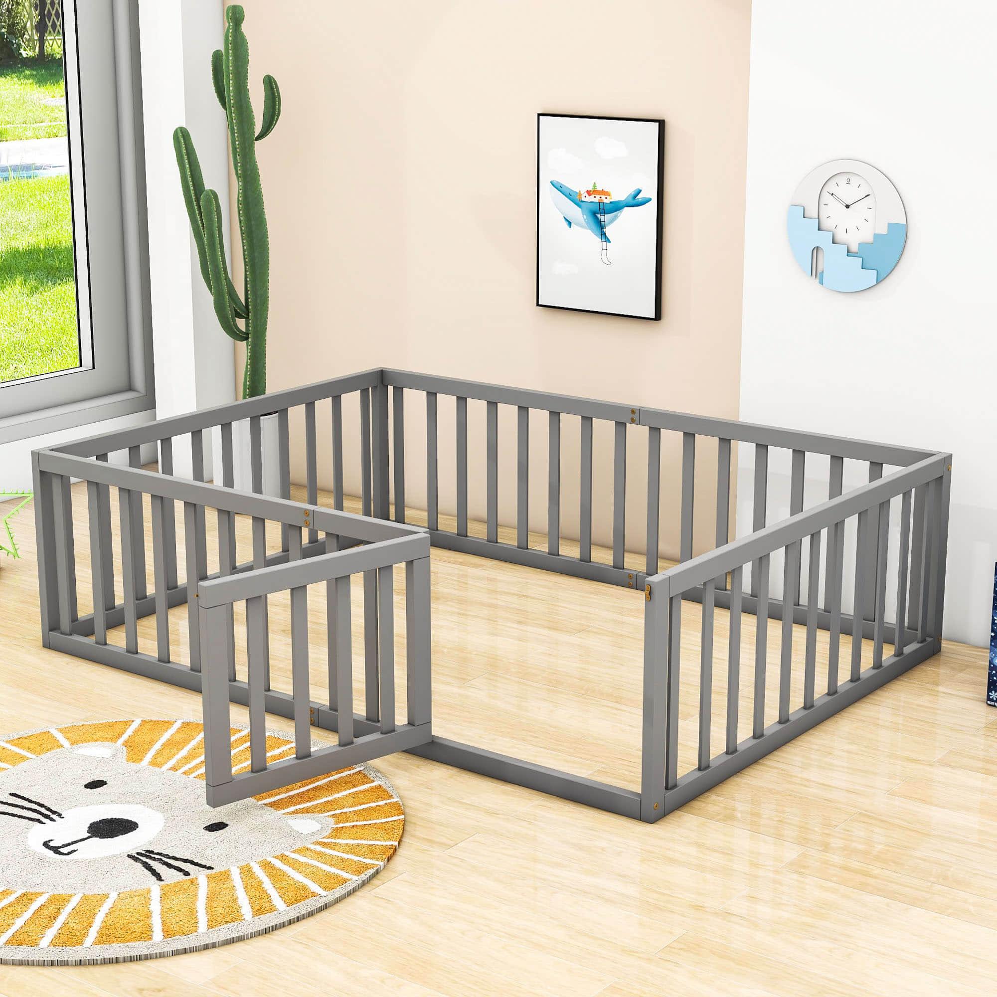 Wooden Full Size Floor Toddler Bed with Rails