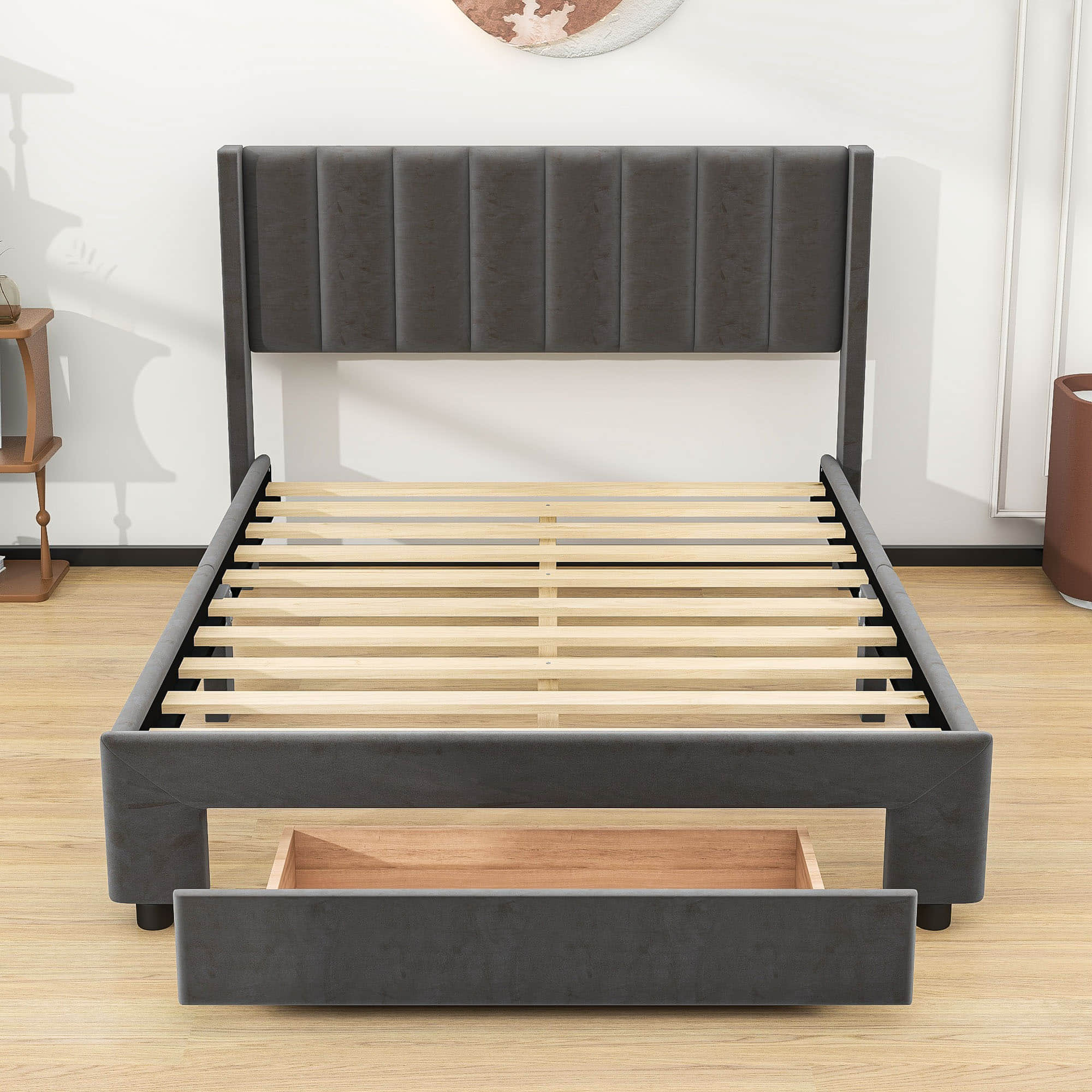 Velvet Full Size Upholstered Platform Bed Frame with Headboard and Storage