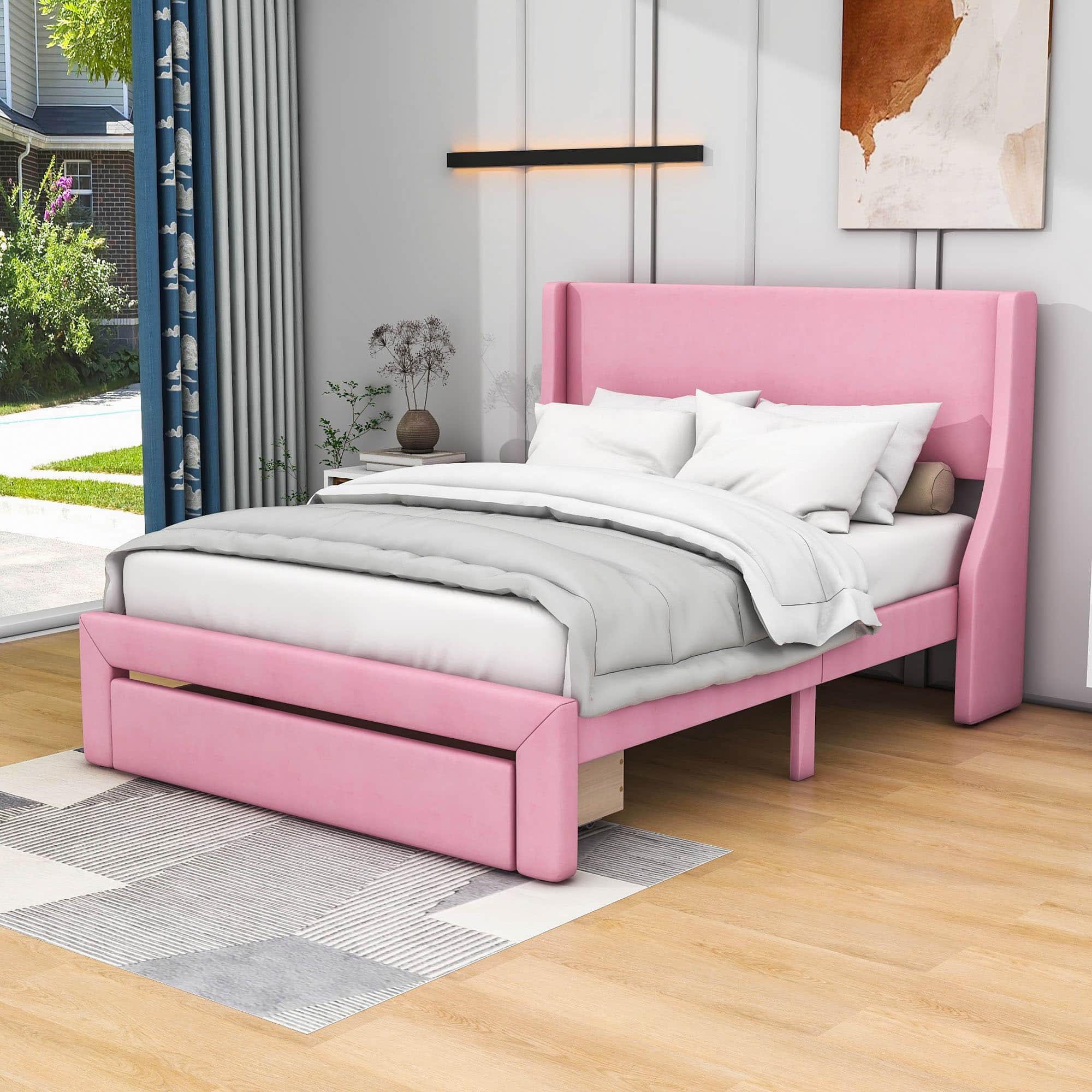 Velvet Upholstered Full Size Platform Bed with Headboard and Storage - [Drawer]