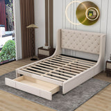 Queen Upholstered Bed Frame with Wingback Headboard and Storage