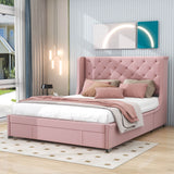 Queen Upholstered Bed Frame with Wingback Headboard and Storage