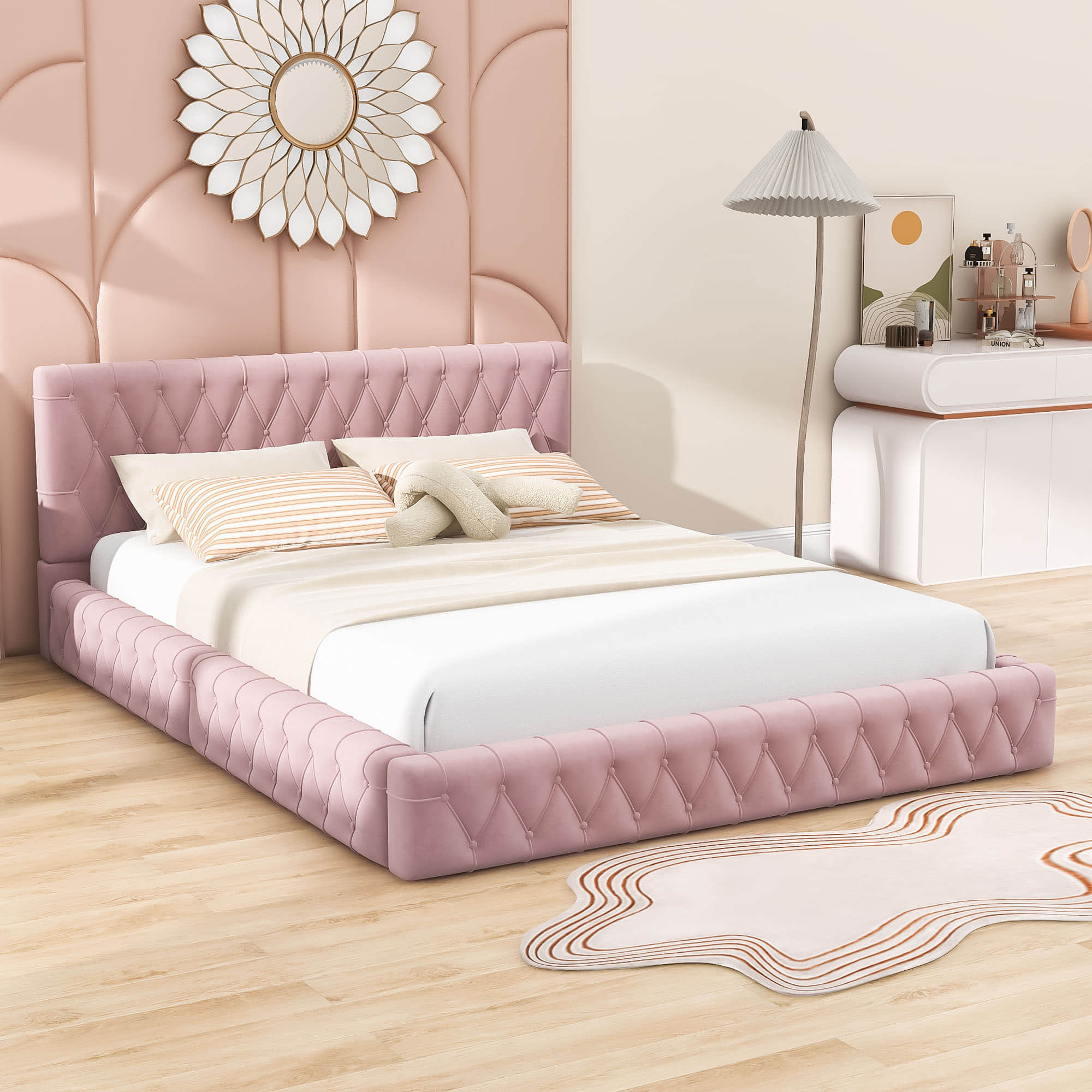 Modern Velvet Upholstered Queen Bed Frame with Tufted Headboard