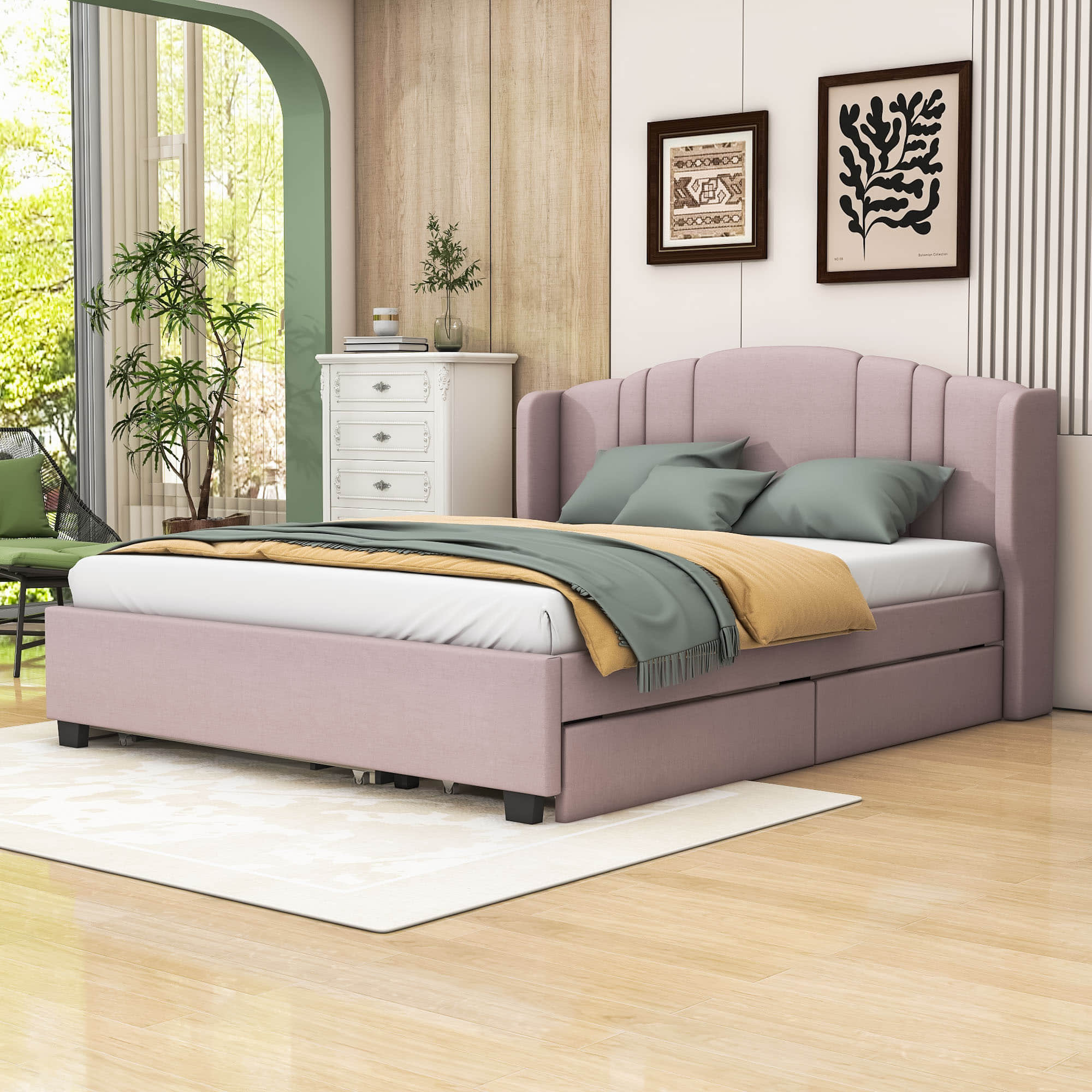 Modern Upholstered Queen Platform Bed Frame with Headboard and Storage