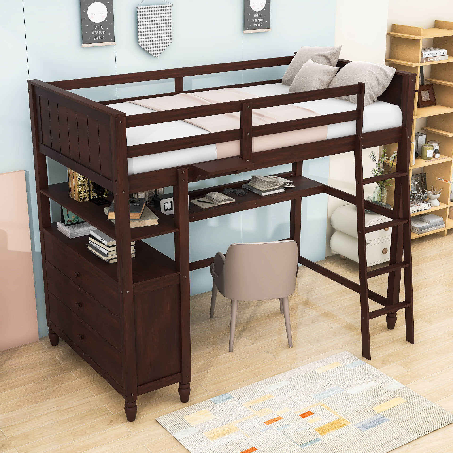 Twin Size Convertible Loft Bed with Desk and Storage - [Dresser, Shelves]