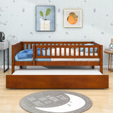 Wooden Twin Low Kids Bed with Twin Size Trundle and Rails