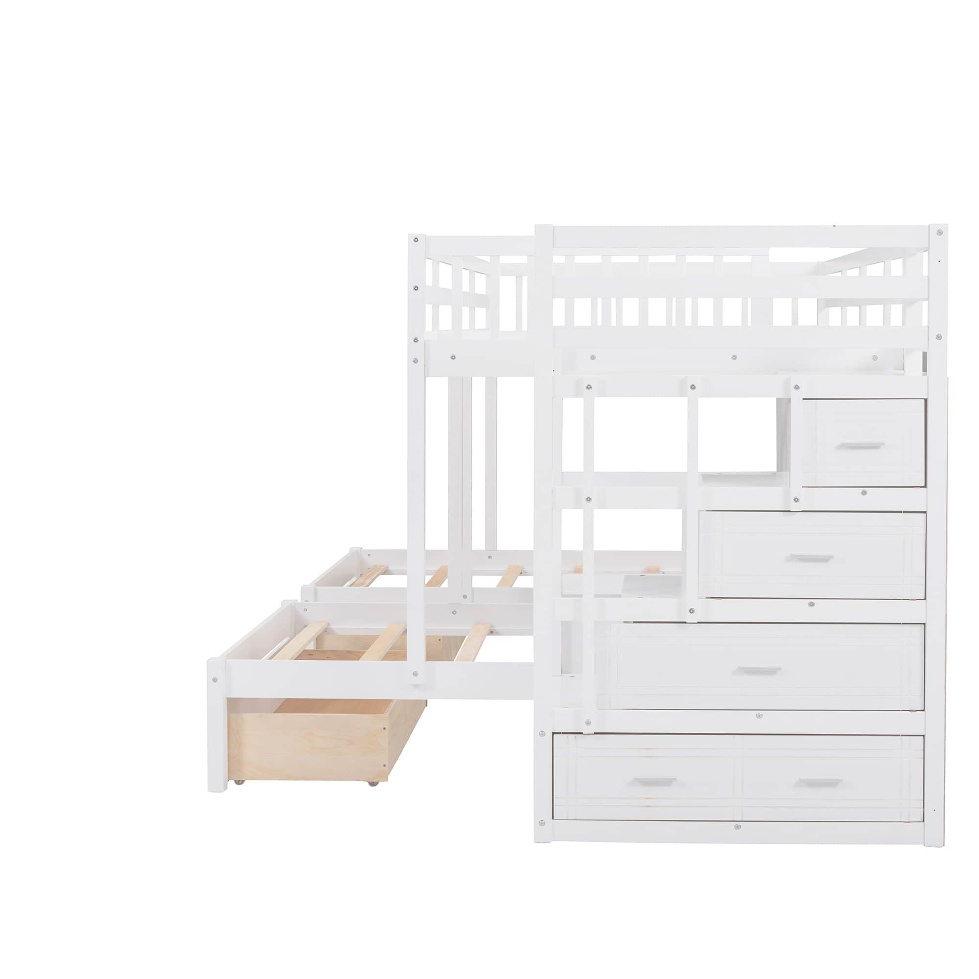 Wood Full Over Twin & Twin L-Shaped Triple Bunk Bed with Stairs and Drawers