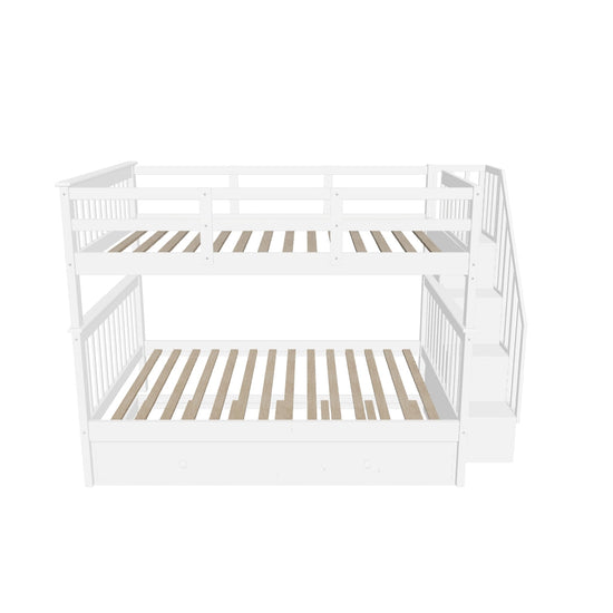 Wooden Full Over Full Bunk Beds with Trundle and Storage - [Stairs, Shelves, Detachable]