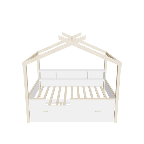 Full House Kids Bed Frame with Twin Trundle Bed and Bookshelf Storage